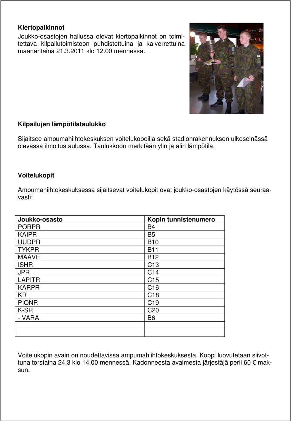 Voitelukopit Ampumahiihtokeskuksessa sijaitsevat voitelukopit ovat joukko-osastojen käytössä seuraavasti: Joukko-osasto Kopin tunnistenumero PORPR B4 KAIPR B5 UUDPR B10 TYKPR B11 MAAVE B12 ISHR C13