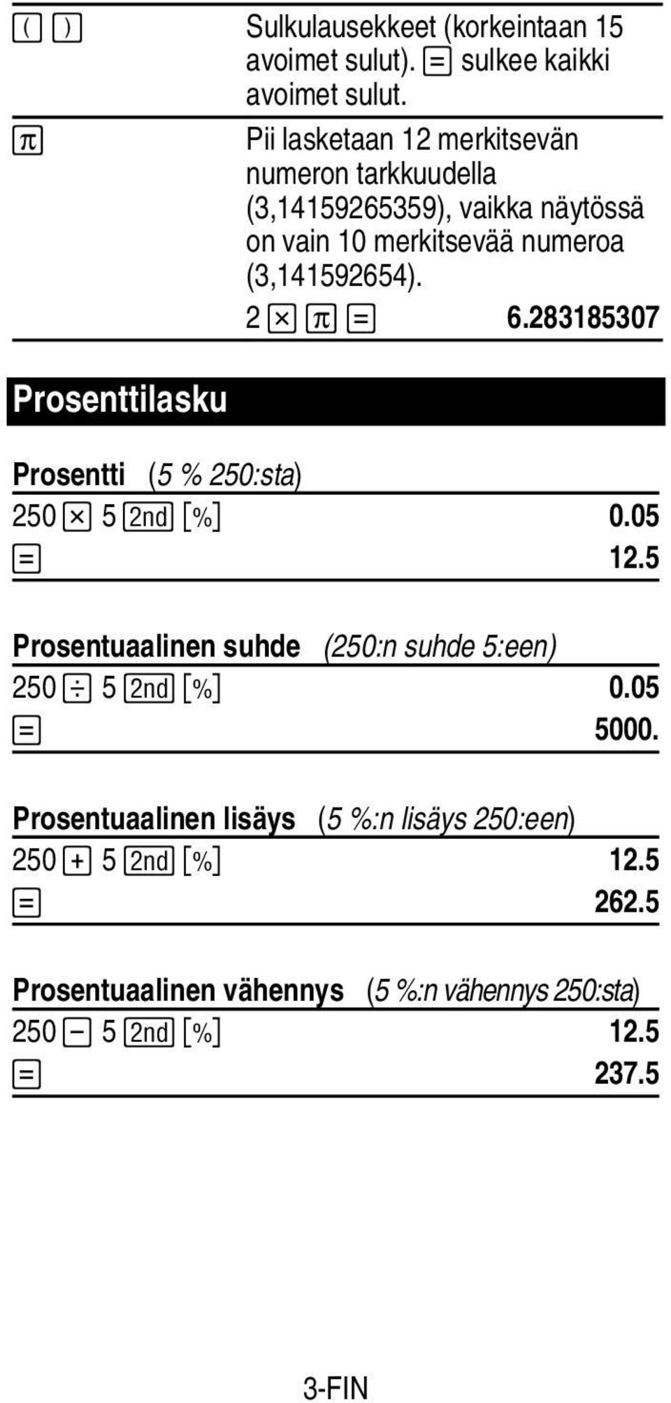 2 8. J 6.283185307 Prosenttilasku Prosentti (5 % 250:sta) 250 8 5 " u 0.05 J 12.