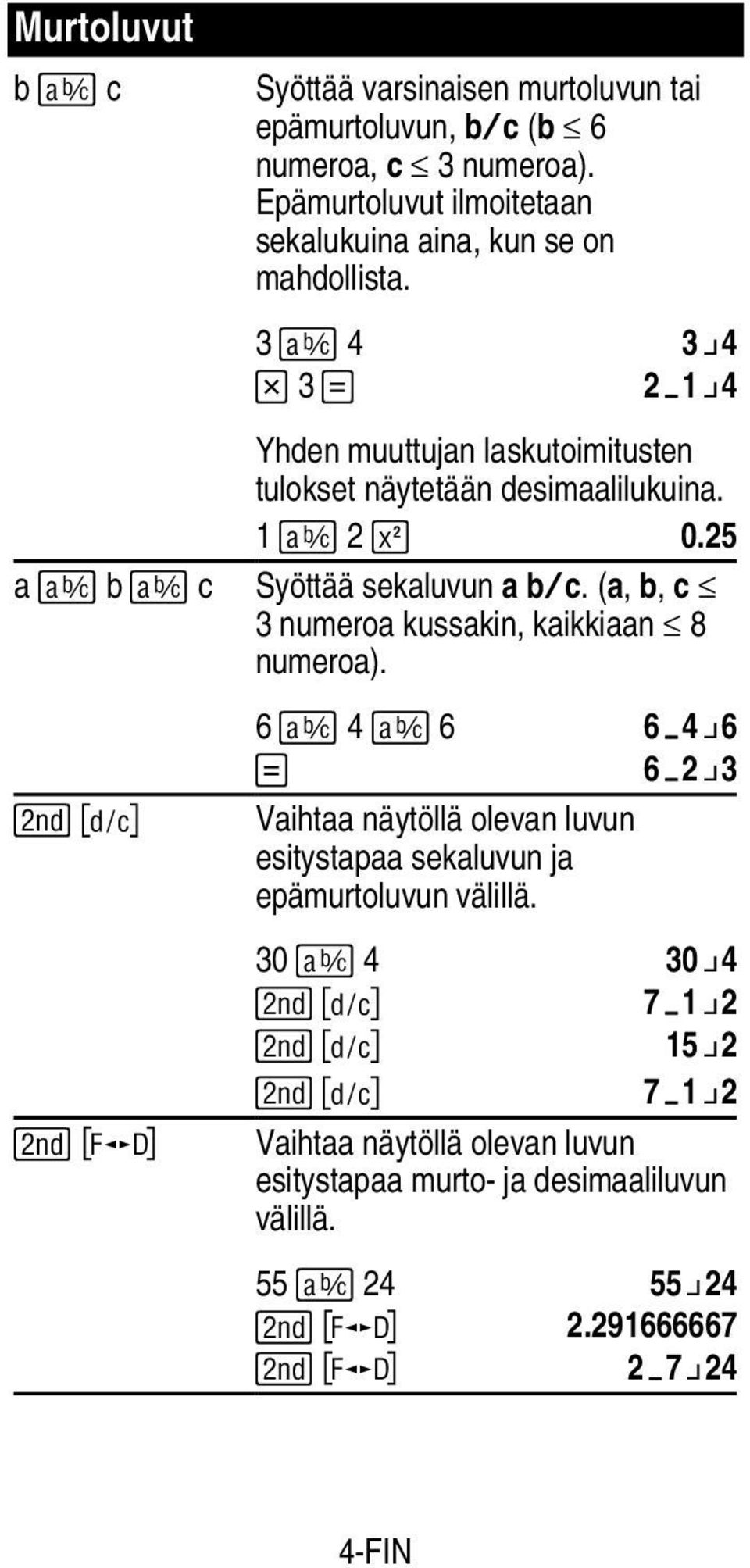 1 F 2 0 0.25 a F b F c Syöttää sekaluvun a bàc. (a, b, c { 3 numeroa kussakin, kaikkiaan { 8 numeroa).