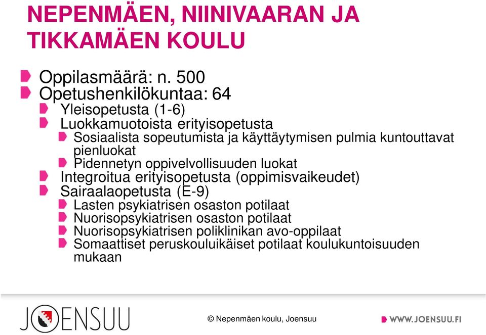 kuntouttavat pienluokat Pidennetyn oppivelvollisuuden luokat Integroitua erityisopetusta (oppimisvaikeudet) Sairaalaopetusta (E-9)