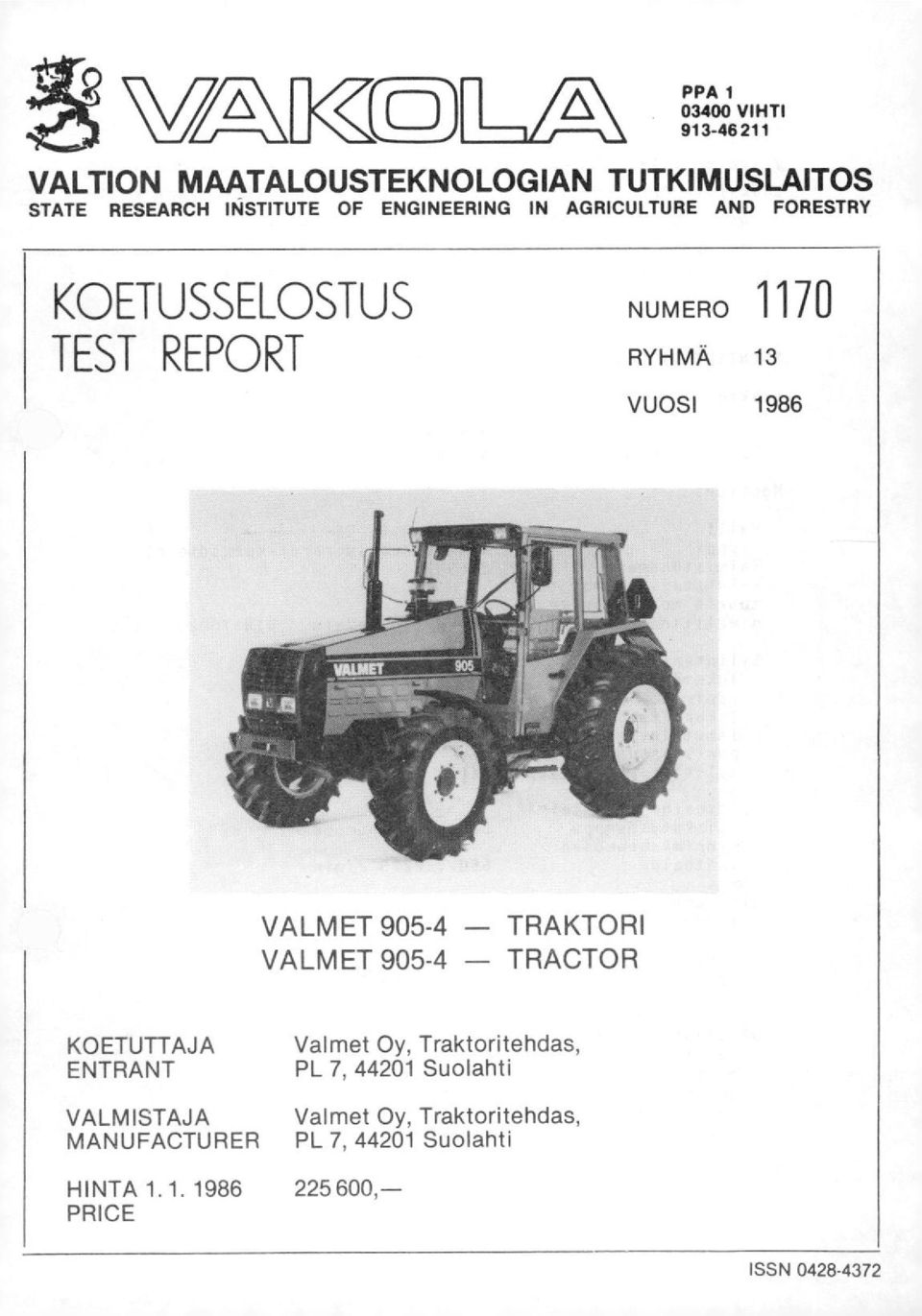 905-4 - TRAKTORI VALMET 905-4 - TRACTOR KOETUTTAJA ENTRANT VALMISTAJA MANUFACTURER HINTA 1.