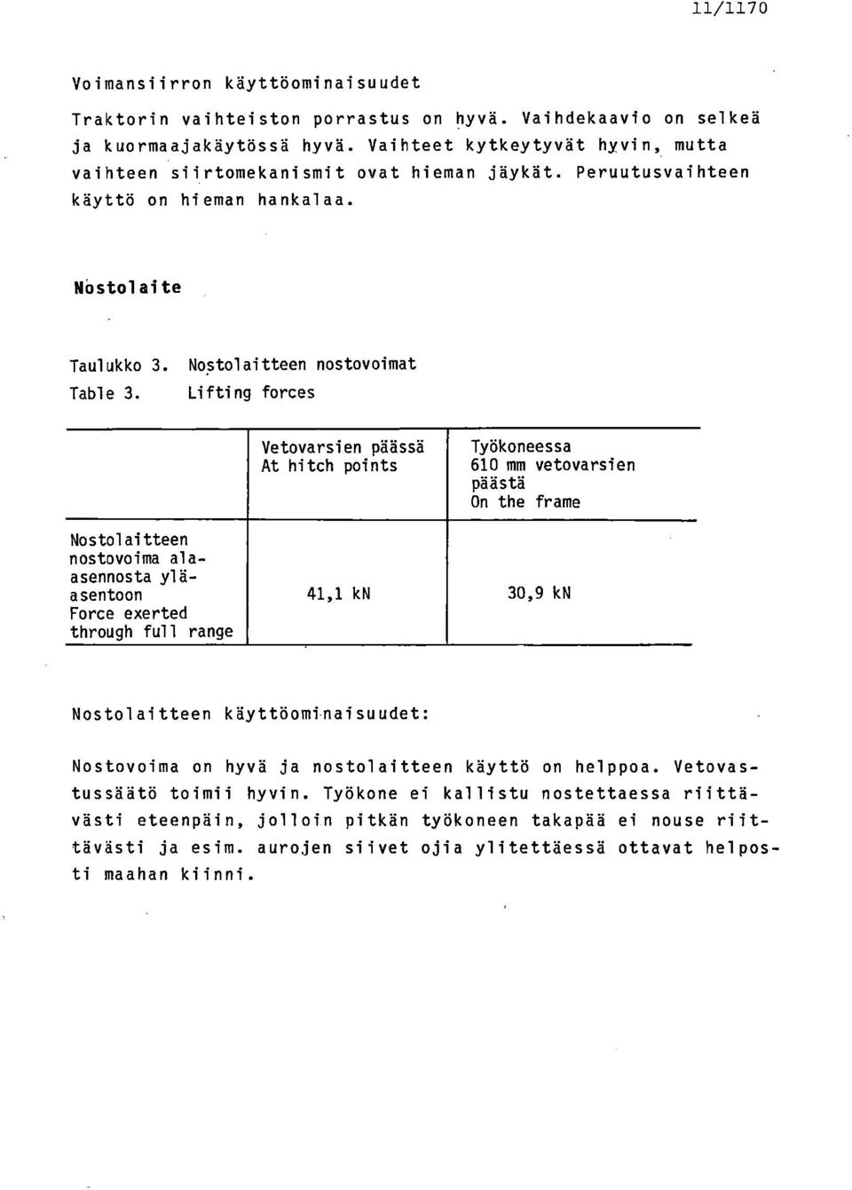 Lifting forces Vetovarsien päässä At hitch points Työkoneessa 610 mm vetovarsien päästä On the frame Nostolaitteen nostovoima alaasennosta yläasentoon Force exerted through full range 41,1 kn 30,9 kn