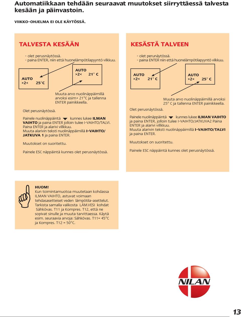 AUTO >2< 25 C AUTO >2< 21 C AUTO >2< 21 C AUTO >2< 25 C Olet perusnäytössä. Painele nuolinäppäintä kunnes lukee ILMAN VAIHTO ja paina ENTER jolloin tulee I-VAIHTO/TALVI.