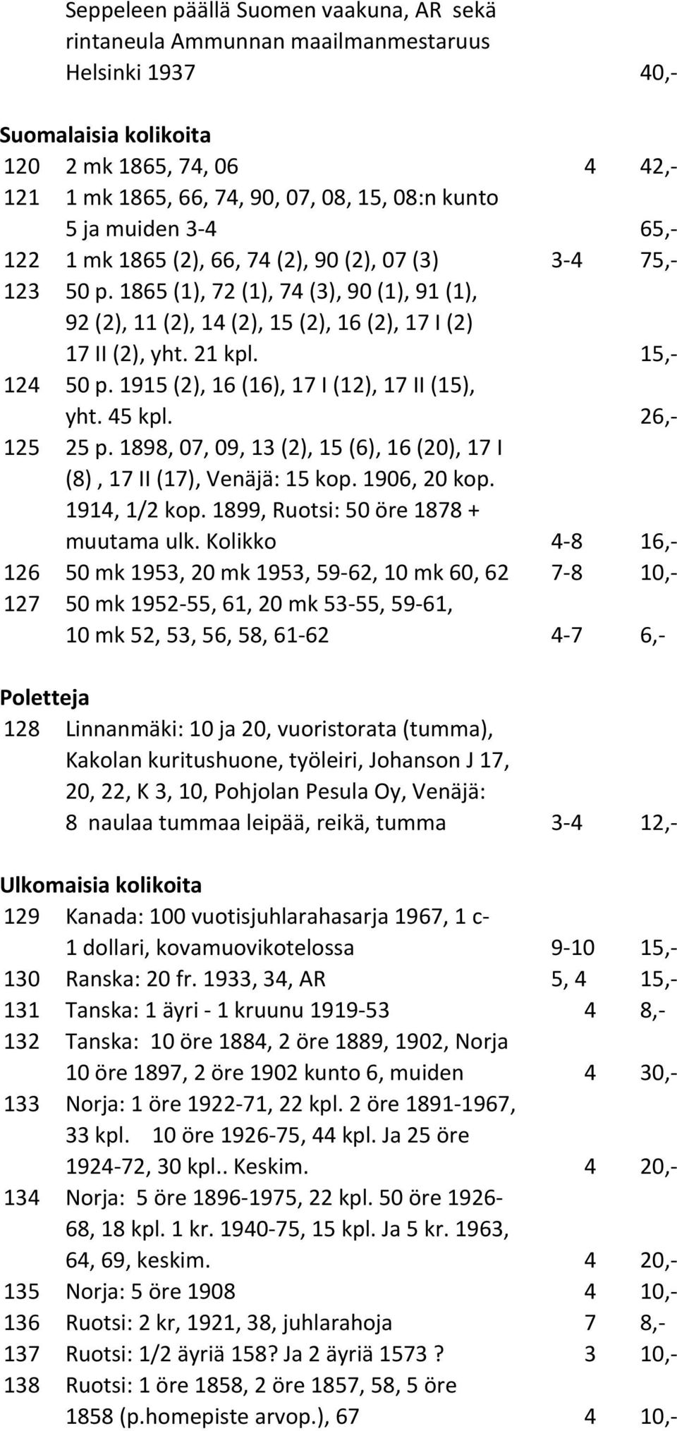 15,- 124 50 p. 1915 (2), 16 (16), 17 I (12), 17 II (15), yht. 45 kpl. 26,- 125 25 p. 1898, 07, 09, 13 (2), 15 (6), 16 (20), 17 I (8), 17 II (17), Venäjä: 15 kop. 1906, 20 kop. 1914, 1/2 kop.