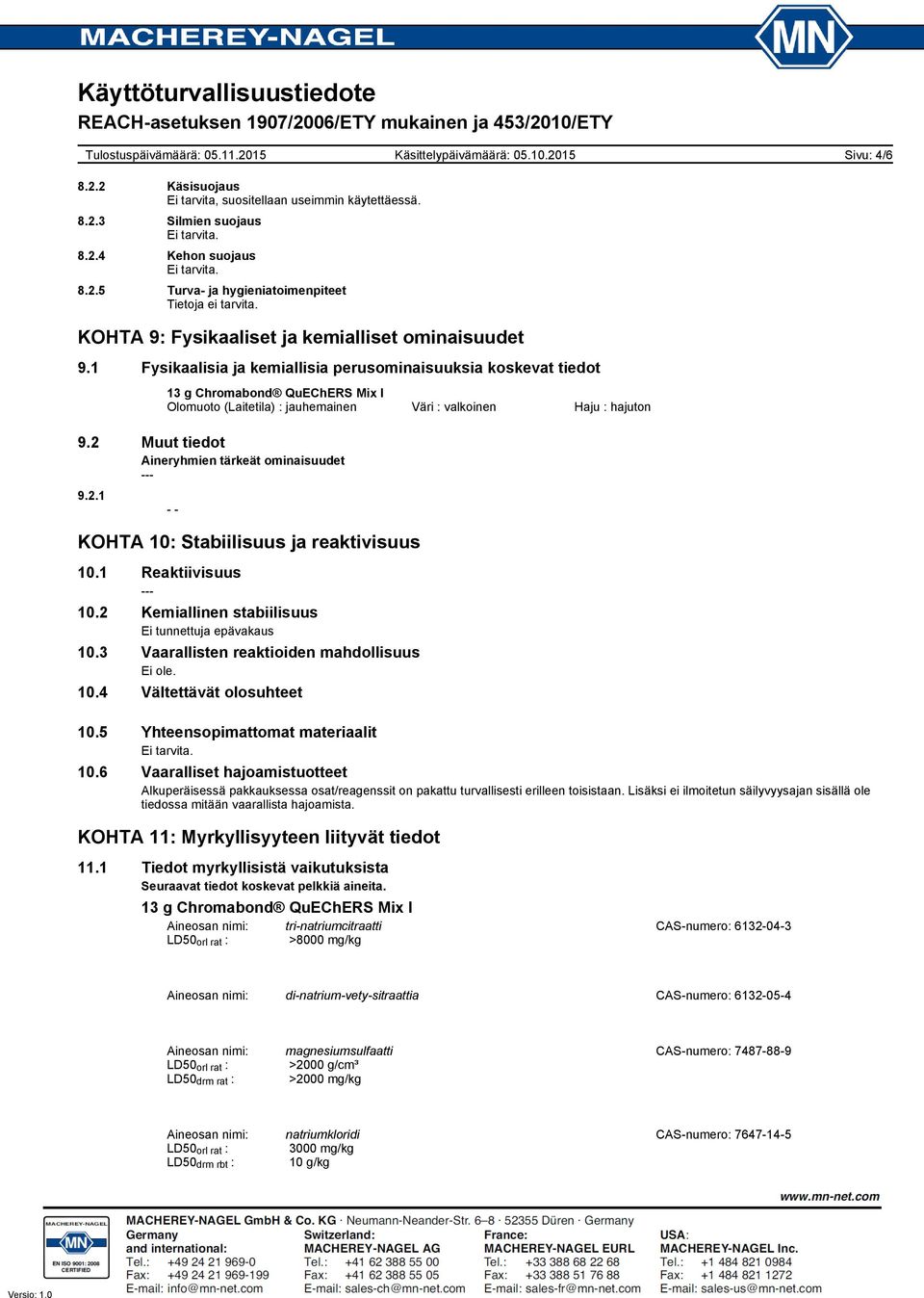 2 Muut tiedot Aineryhmien tärkeät ominaisuudet 9.2.1 KOHTA 10: Stabiilisuus ja reaktivisuus 10.1 Reaktiivisuus 10.2 Kemiallinen stabiilisuus Ei tunnettuja epävakaus 10.