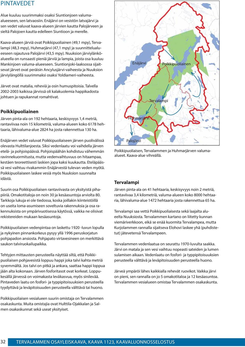 Kaava-alueen järviä ovat Poikkipuoliainen (49,1 mpy), Tervalampi (48,3 mpy), Huhmarjärvi (47,1 mpy) ja suunnittelualueeseen rajautuva Palojärvi (43,5 mpy).