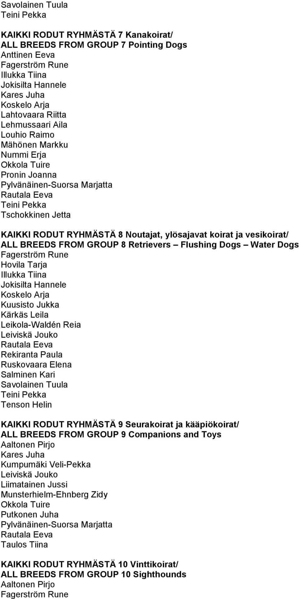 vesikoirat/ ALL BREEDS FROM GROUP 8 Retrievers Flushing Dogs Water Dogs Fagerström Rune Hovila Tarja Illukka Tiina Jokisilta Hannele Koskelo Arja Kuusisto Jukka Kärkäs Leila Leikola-Waldén Reia