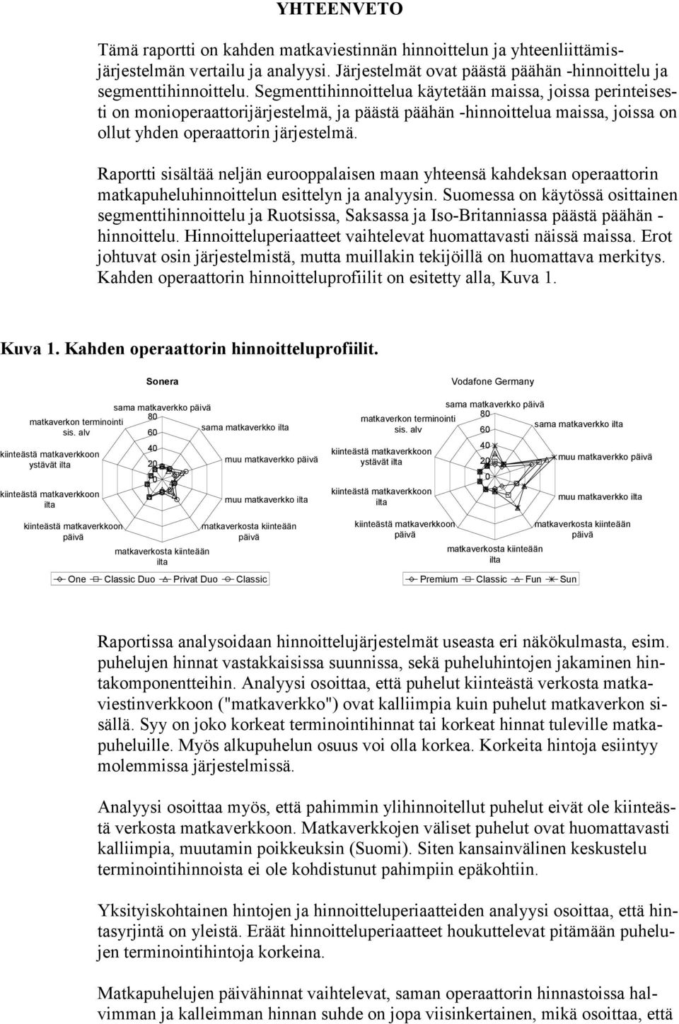 Raportti sisältää neljän eurooppalaisen maan yhteensä kahdeksan operaattorin matkapuheluhinnoittelun esittelyn ja analyysin.