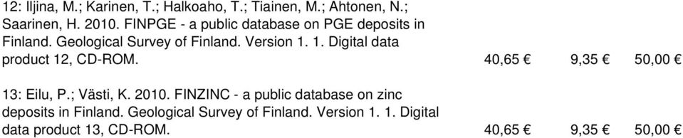 1. Digital data product 12, CD-ROM. 40,65 9,35 50,00 13: Eilu, P.; Västi, K. 2010.