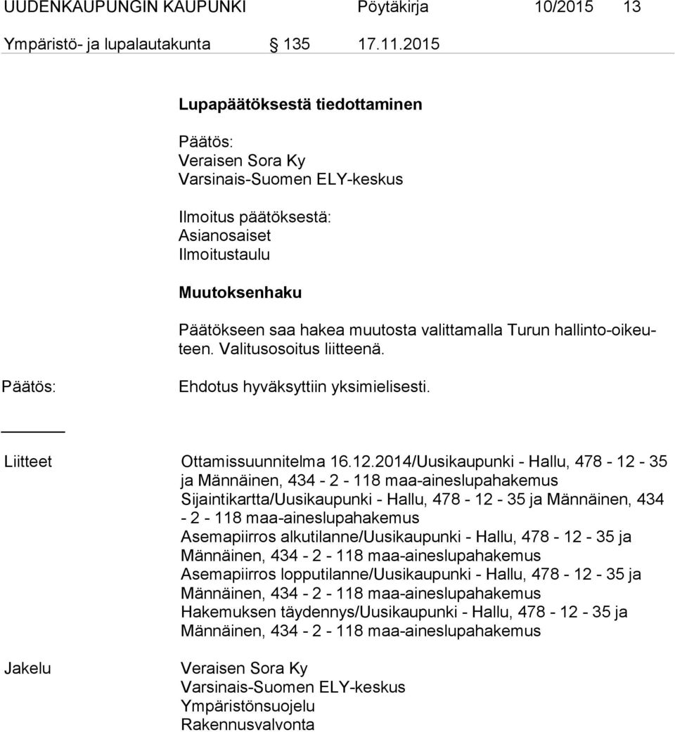 hal lin to-oi keuteen. Valitusosoitus liitteenä. Päätös: Ehdotus hyväksyttiin yksimielisesti. Liitteet Ottamissuunnitelma 16.12.