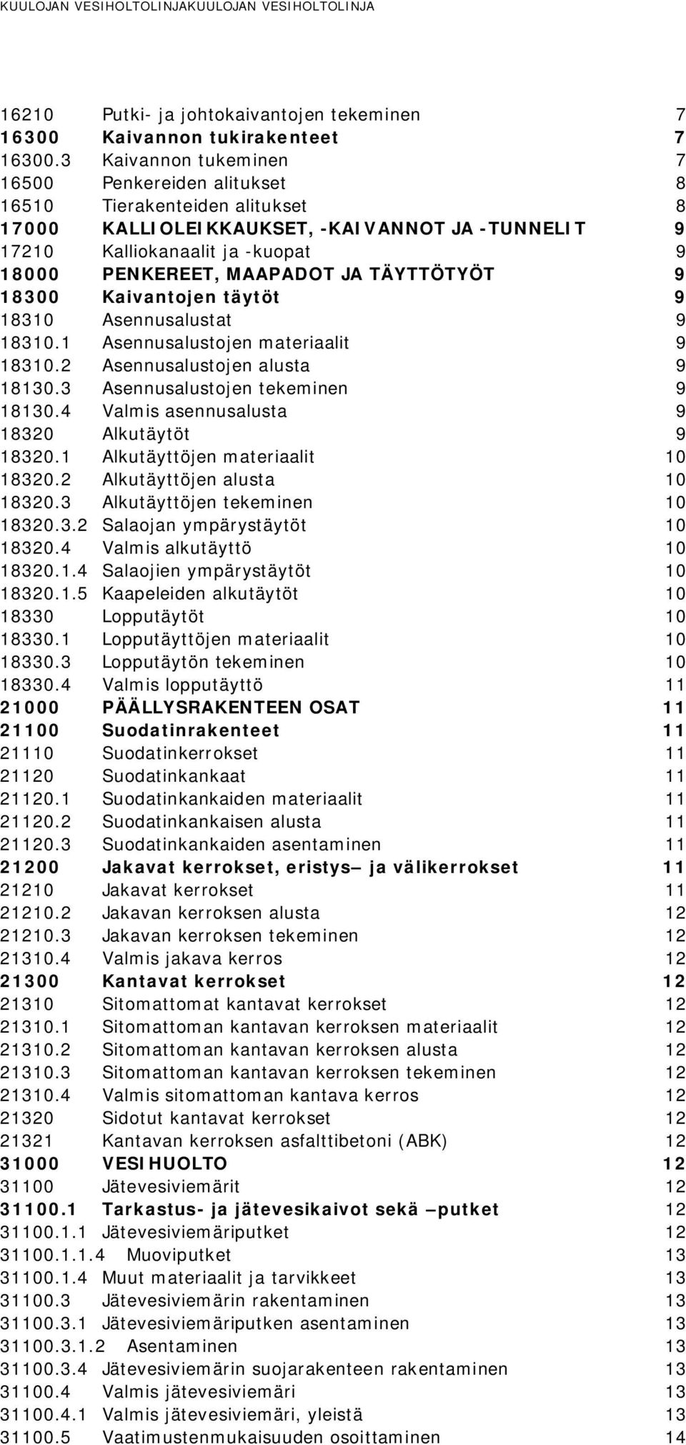 JA TÄYTTÖTYÖT 9 18300 Kaivantojen täytöt 9 18310 Asennusalustat 9 18310.1 Asennusalustojen materiaalit 9 18310.2 Asennusalustojen alusta 9 18130.3 Asennusalustojen tekeminen 9 18130.