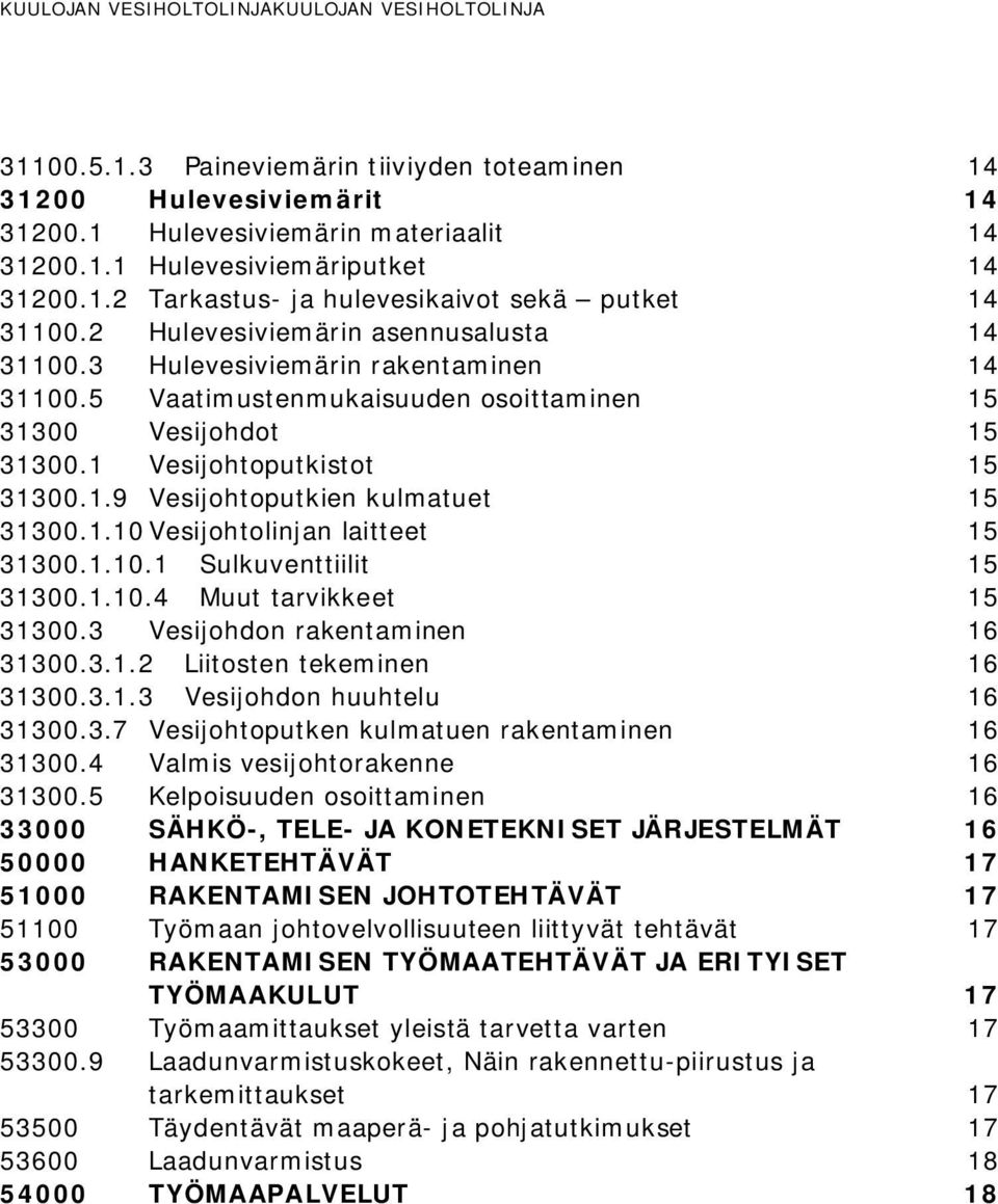 1.10Vesijohtolinjan laitteet 15 31300.1.10.1 Sulkuventtiilit 15 31300.1.10.4 Muut tarvikkeet 15 31300.3 Vesijohdon rakentaminen 16 31300.3.1.2 Liitosten tekeminen 16 31300.3.1.3 Vesijohdon huuhtelu 16 31300.