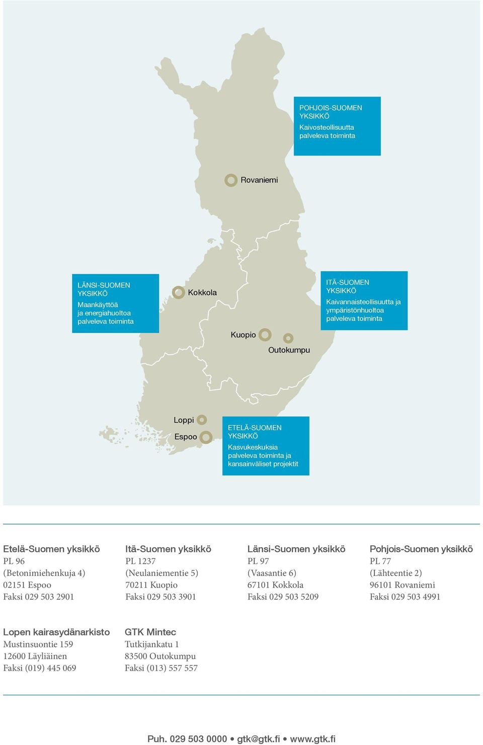 02151 Espoo Faksi 029 503 2901 Itä-Suomen yksikkö PL 1237 (Neulaniementie 5) 70211 Kuopio Faksi 029 503 3901 Länsi-Suomen yksikkö PL 97 (Vaasantie 6) 67101 Kokkola Faksi 029 503 5209 Pohjois-Suomen