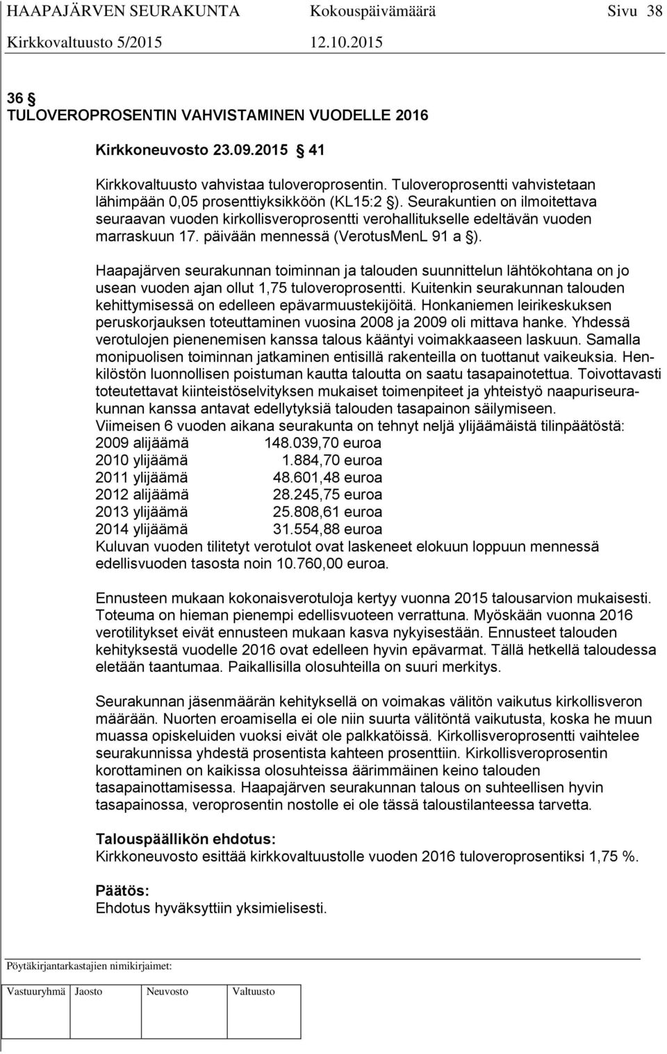 päivään mennessä (VerotusMenL 91 a ). Haapajärven seurakunnan toiminnan ja talouden suunnittelun lähtökohtana on jo usean vuoden ajan ollut 1,75 tuloveroprosentti.