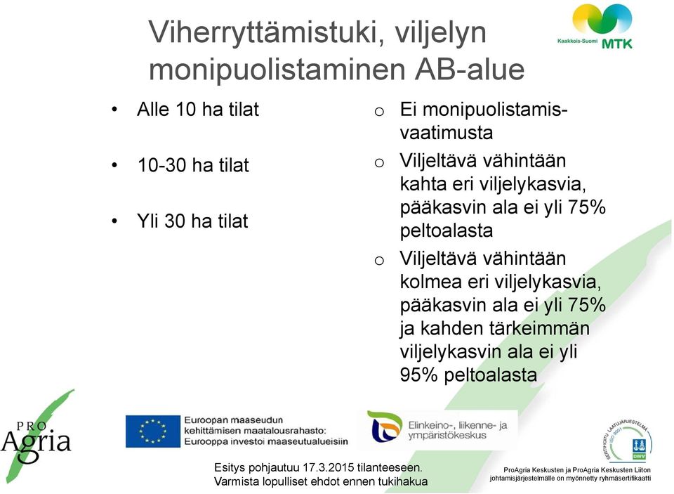 viljelykasvia, pääkasvin ala ei yli 75% peltoalasta Viljeltävä vähintään kolmea eri