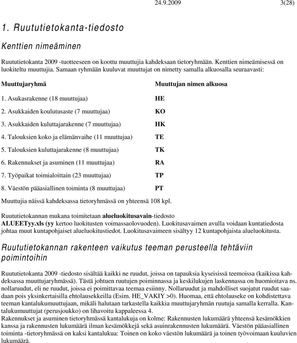 Asukkaiden kuluttajarakenne (7 muuttujaa) HK 4. Talouksien koko ja elämänvaihe (11 muuttujaa) TE 5. Talouksien kuluttajarakenne (8 muuttujaa) TK 6. Rakennukset ja asuminen (11 muuttujaa) RA 7.