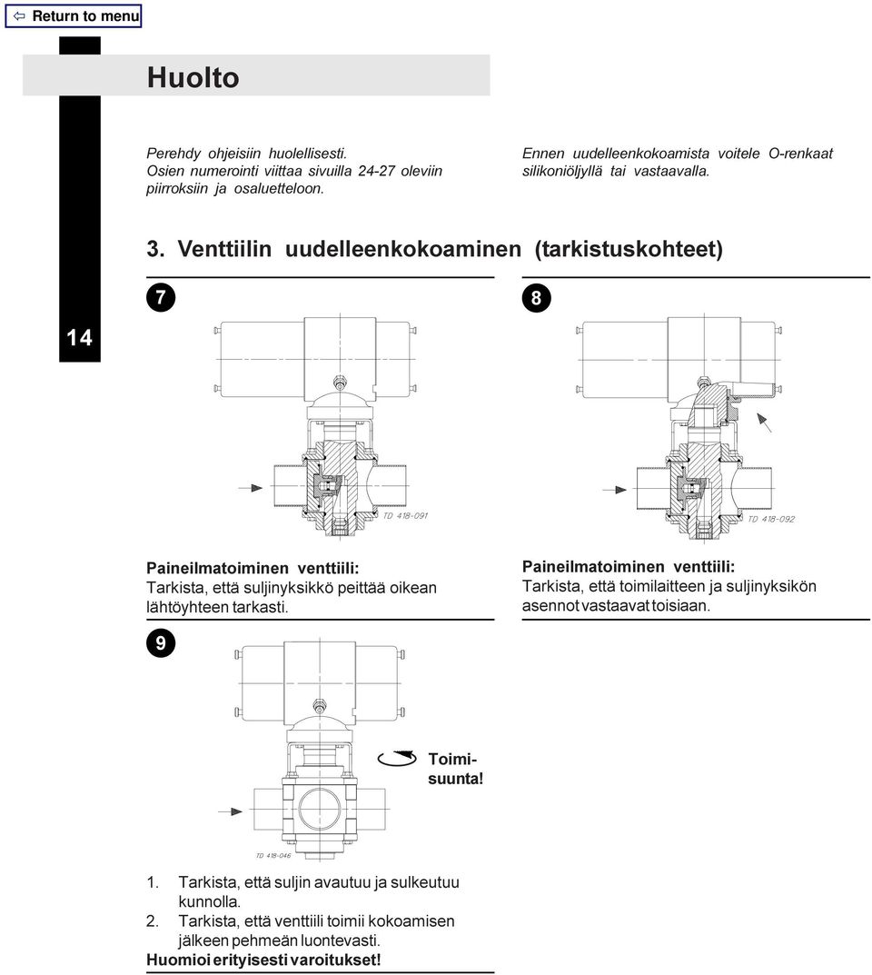 Venttiilin uudelleenkokoaminen (tarkistuskohteet) 14 7 8 Paineilmatoiminen venttiili: Tarkista, että suljinyksikkö peittää oikean lähtöyhteen tarkasti.