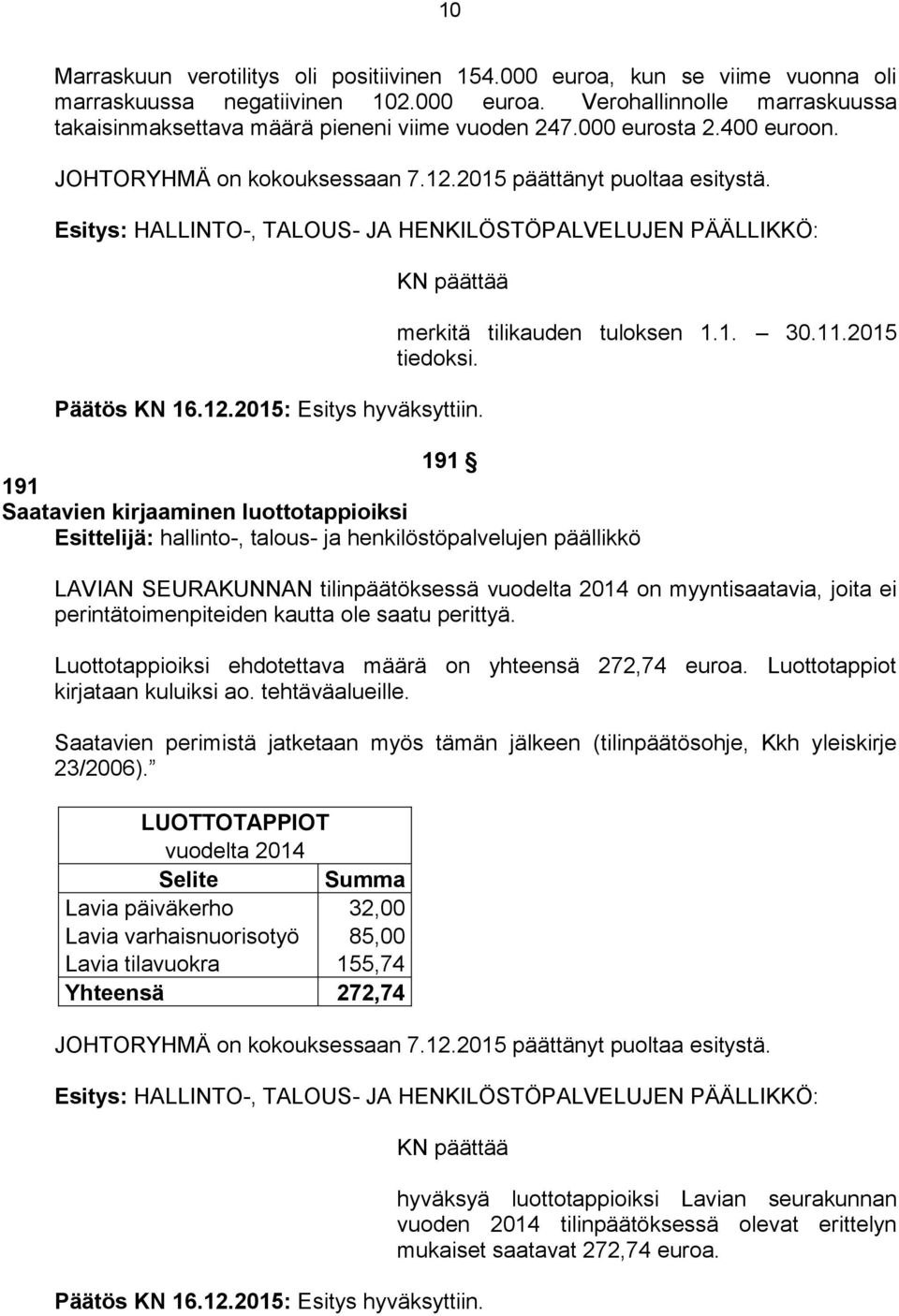 191 191 Saatavien kirjaaminen luottotappioiksi LAVIAN SEURAKUNNAN tilinpäätöksessä vuodelta 2014 on myyntisaatavia, joita ei perintätoimenpiteiden kautta ole saatu perittyä.