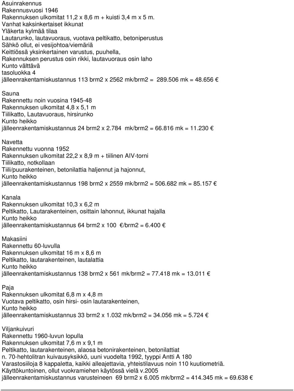 Rakennuksen perustus osin rikki, lautavuoraus osin laho Kunto välttävä tasoluokka 4 jälleenrakentamiskustannus 113 brm2 x 2562 mk/brm2 = 289.506 mk = 48.