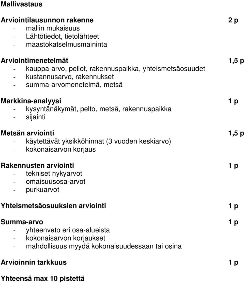 käytettävät yksikköhinnat (3 vuoden keskiarvo) - kokonaisarvon korjaus Rakennusten arviointi - tekniset nykyarvot - omaisuusosa-arvot - purkuarvot Yhteismetsäosuuksien arviointi