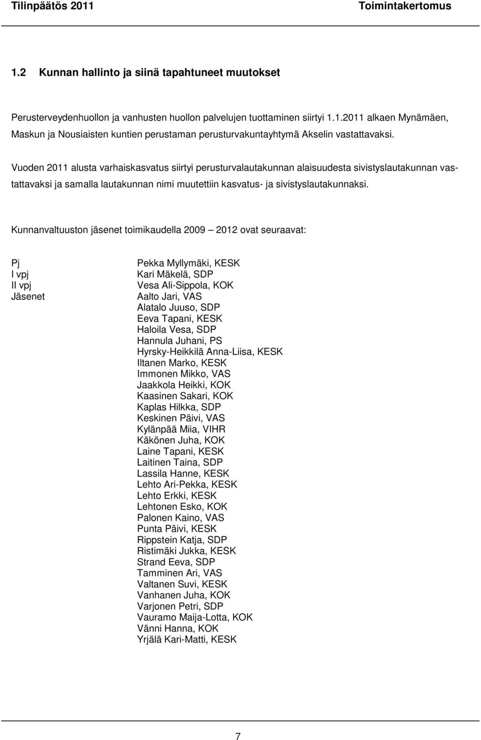 Kunnanvaltuuston jäsenet toimikaudella 2009 2012 ovat seuraavat: Pj I vpj II vpj Jäsenet Pekka Myllymäki, KESK Kari Mäkelä, SDP Vesa Ali-Sippola, KOK Aalto Jari, VAS Alatalo Juuso, SDP Eeva Tapani,