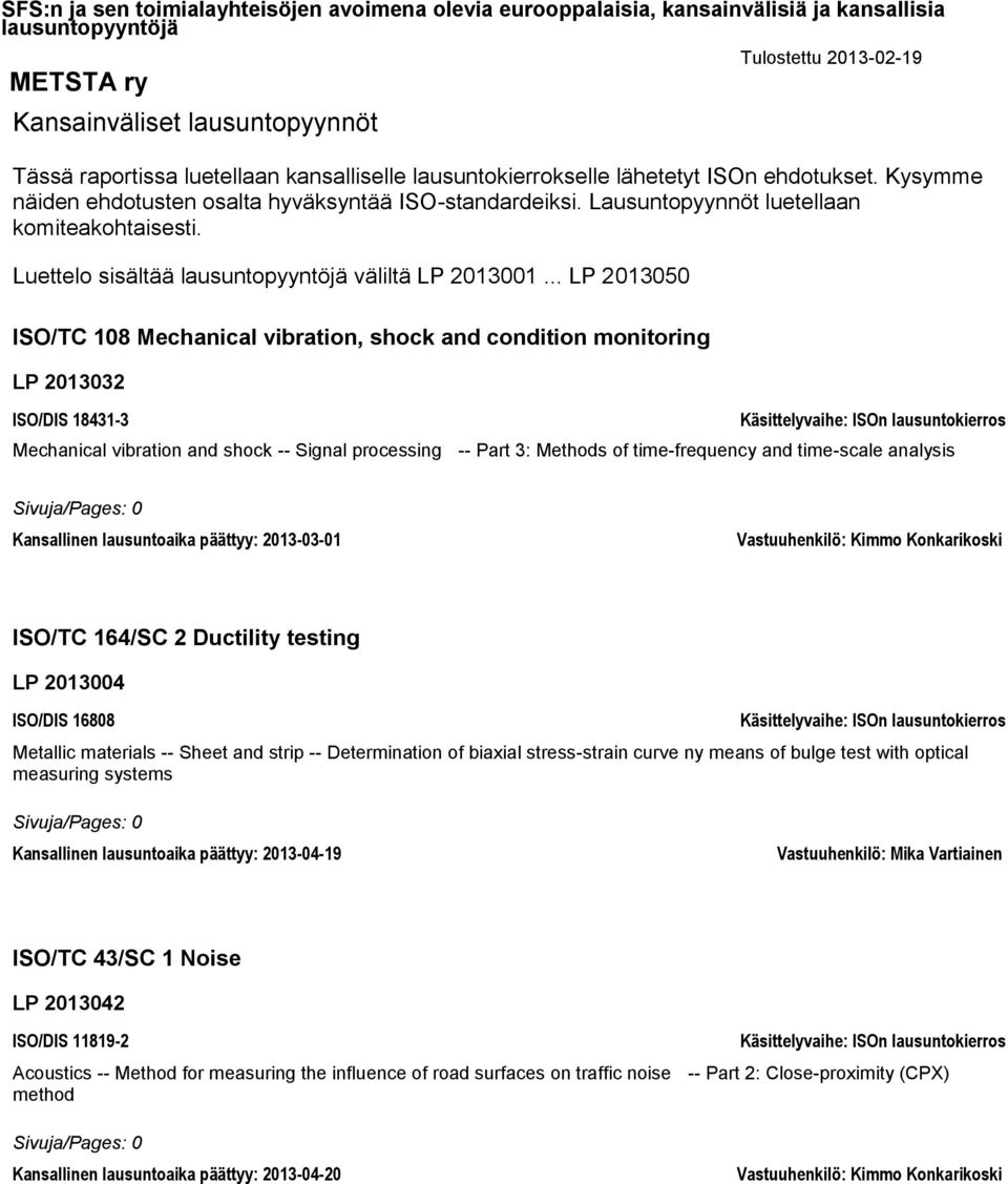 .. LP 2013050 ISO/TC 108 Mechanical vibration, shock and condition monitoring LP 2013032 ISO/DIS 18431-3 Mechanical vibration and shock -- Signal processing -- Part 3: Methods of time-frequency and