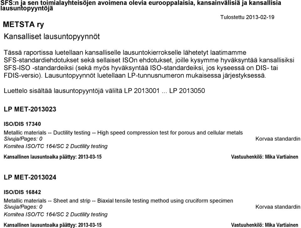 Luettelo sisältää väliltä LP 2013001.