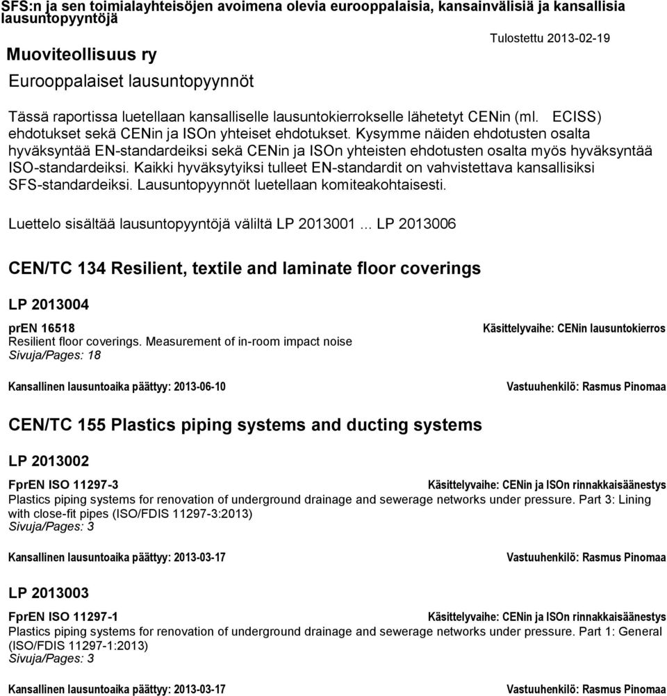 Kaikki hyväksytyiksi tulleet EN-standardit on vahvistettava kansallisiksi SFS-standardeiksi. Lausuntopyynnöt luetellaan komiteakohtaisesti. Luettelo sisältää väliltä LP 2013001.