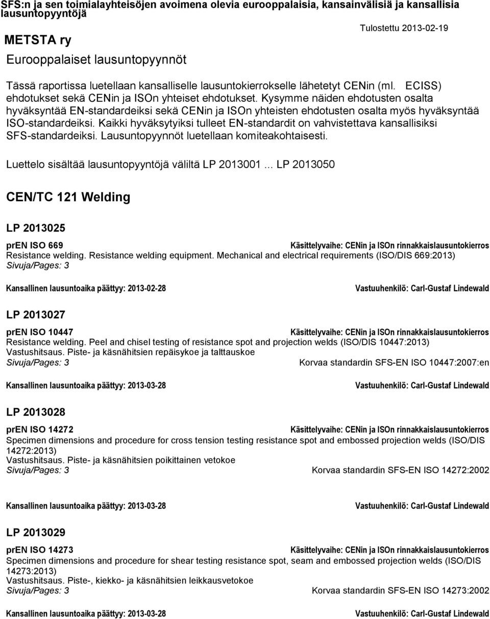 Kaikki hyväksytyiksi tulleet EN-standardit on vahvistettava kansallisiksi SFS-standardeiksi. Lausuntopyynnöt luetellaan komiteakohtaisesti. Luettelo sisältää väliltä LP 2013001.