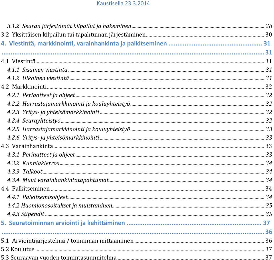 .. 32 4.2.4 Seurayhteistyö... 32 4.2.5 Harrastajamarkkinointi ja kouluyhteistyö... 33 4.2.6 Yritys ja yhteisömarkkinointi... 33 4.3 Varainhankinta... 33 4.3.1 Periaatteet ja ohjeet... 33 4.3.2 Kunniakierros.