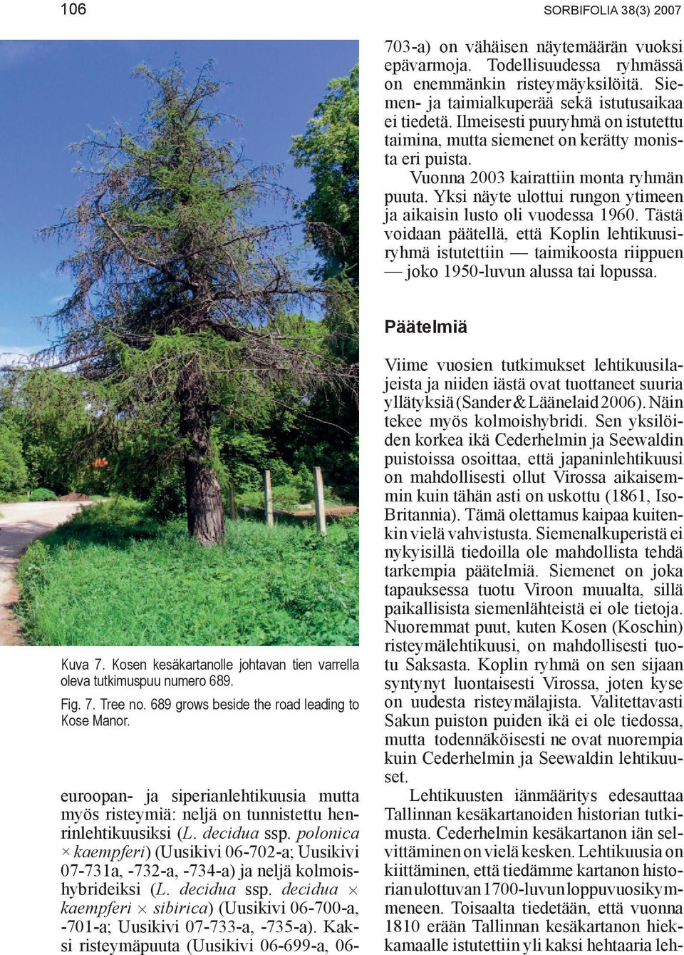 Yksi näyte ulottui rungon ytimeen ja aikaisin lusto oli vuodessa 1960. Tästä voidaan päätellä, että Koplin lehtikuusiryhmä istutettiin taimikoosta riippuen joko 1950-luvun alussa tai lopussa.