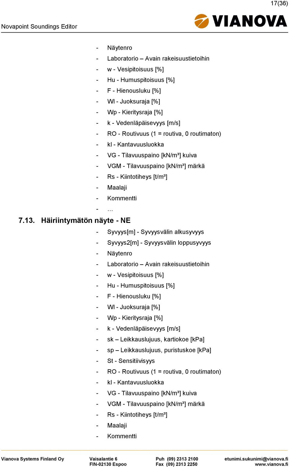 Häiriintymätön näyte - NE - Syvyys[m] - Syvyysvälin alkusyvyys - Syvyys2[m] - Syvyysvälin loppusyvyys - Näytenro - Laboratorio Avain rakeisuustietoihin - w - Vesipitoisuus [%] - Hu - Humuspitoisuus