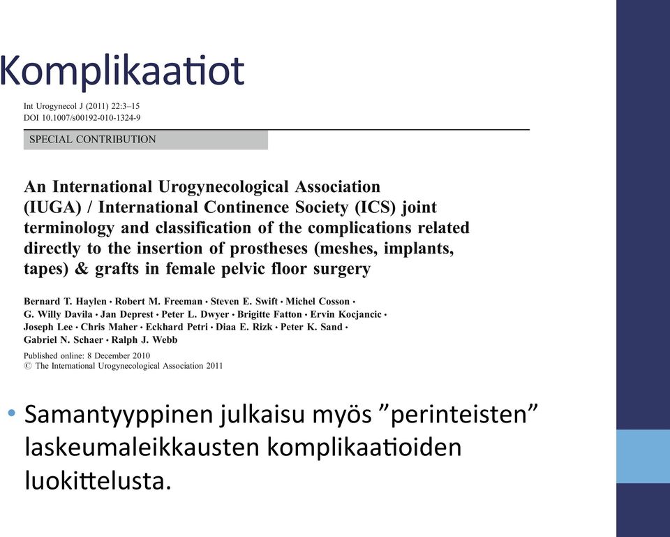 related directly to the insertion of prostheses (meshes, implants, tapes) & grafts in female pelvic floor surgery Bernard T. Haylen & Robert M. Freeman & Steven E. Swift & Michel Cosson & G.