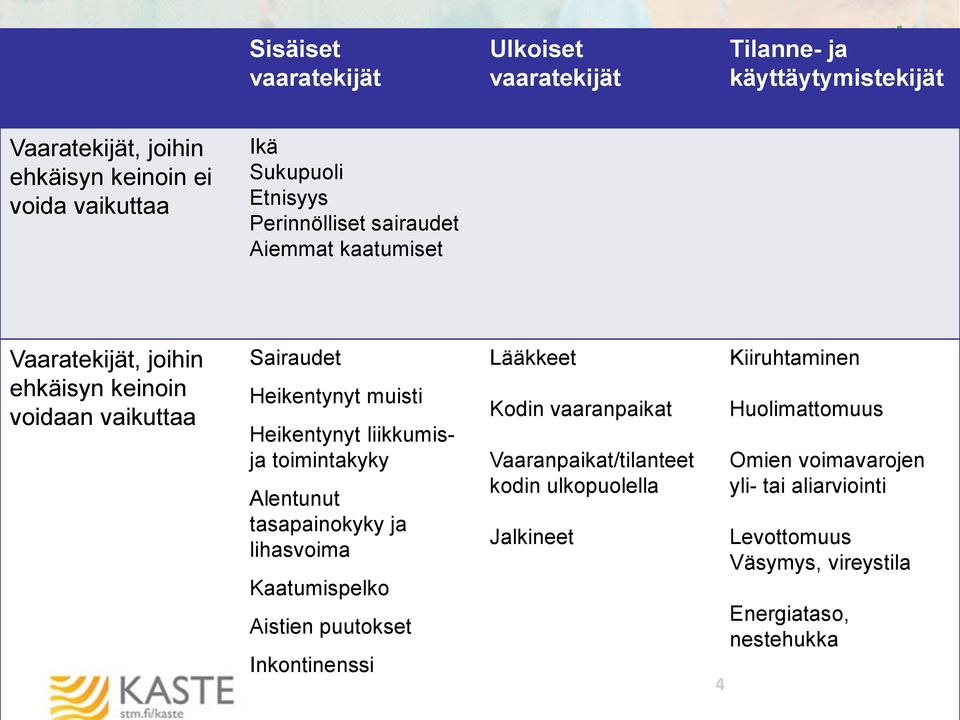 toimintakyky Alentunut tasapainokyky ja lihasvoima Kaatumispelko Aistien puutokset Inkontinenssi Lääkkeet Kodin vaaranpaikat Vaaranpaikat/tilanteet kodin