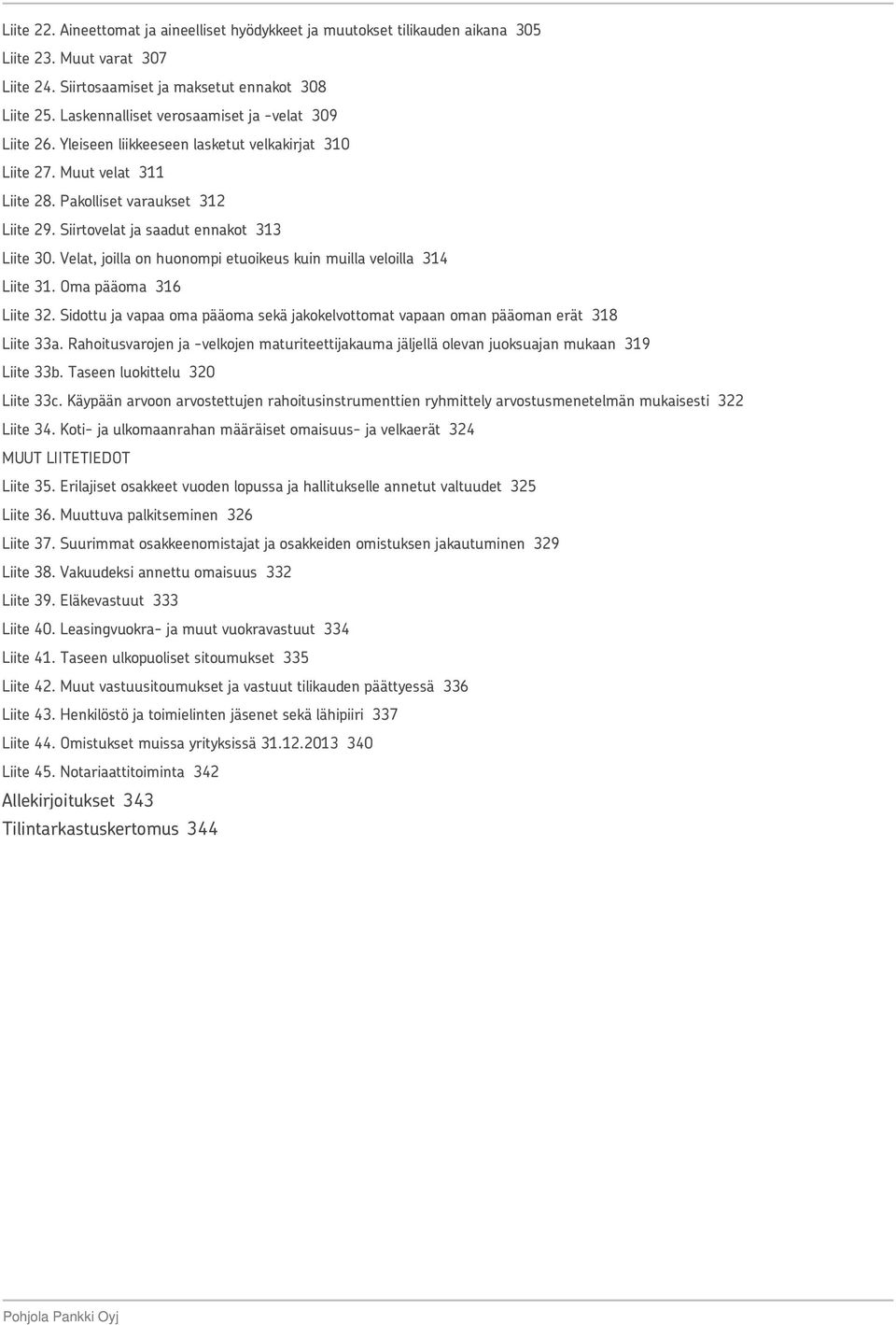 Siirtovelat ja saadut ennakot 313 Liite 30. Velat, joilla on huonompi etuoikeus kuin muilla veloilla 314 Liite 31. Oma pääoma 316 Liite 32.