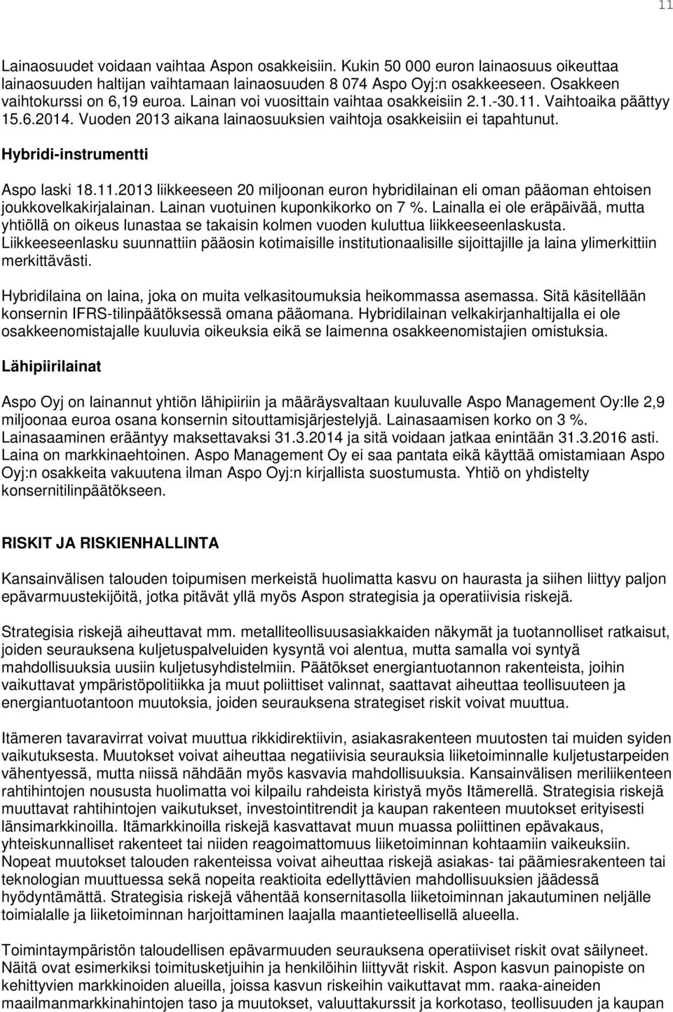 Hybridi-instrumentti Aspo laski 18.11.2013 liikkeeseen 20 miljoonan euron hybridilainan eli oman pääoman ehtoisen joukkovelkakirjalainan. Lainan vuotuinen kuponkikorko on 7 %.