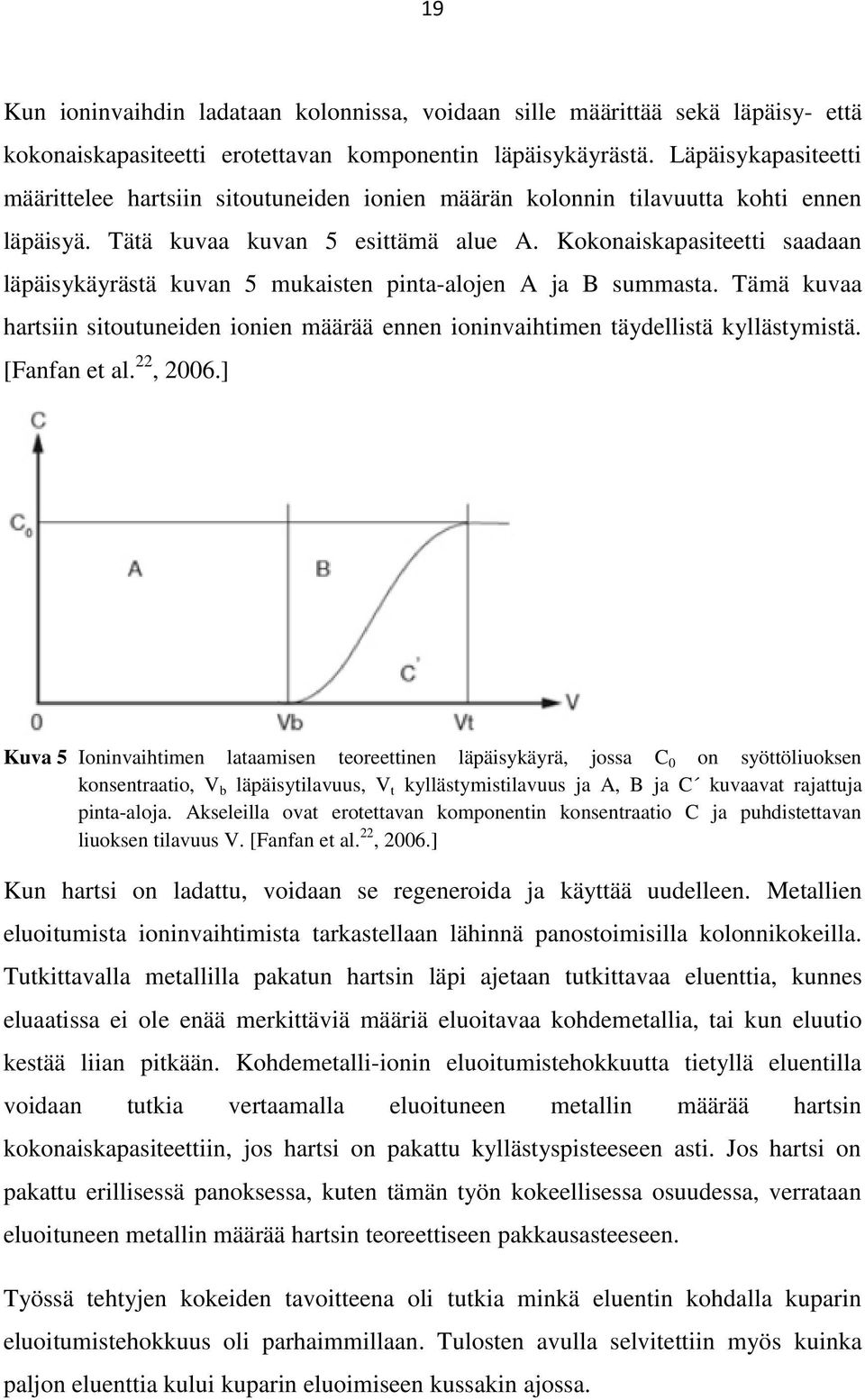 Kokonaiskapasiteetti saadaan läpäisykäyrästä kuvan 5 mukaisten pinta-alojen A ja B summasta. Tämä kuvaa hartsiin sitoutuneiden ionien määrää ennen ioninvaihtimen täydellistä kyllästymistä.