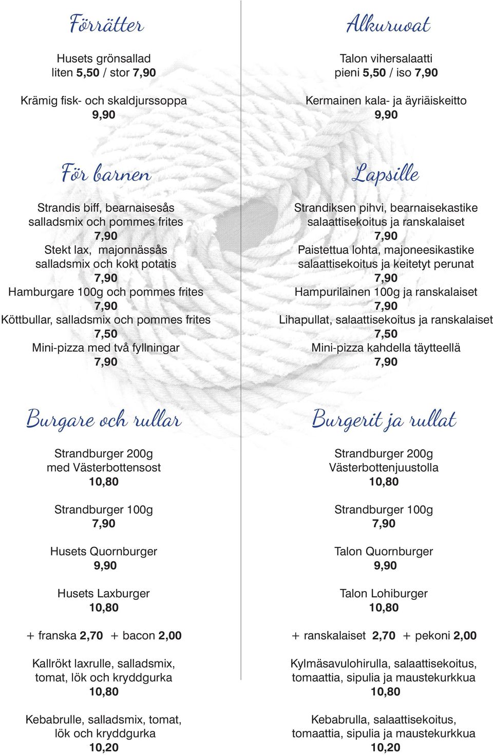Strandiksen pihvi, bearnaisekastike salaattisekoitus ja ranskalaiset Paistettua lohta, majoneesikastike salaattisekoitus ja keitetyt perunat Hampurilainen 100g ja ranskalaiset Lihapullat,