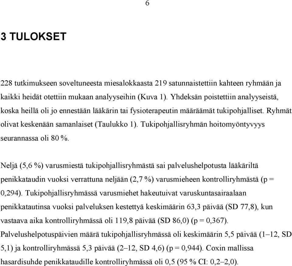 Tukipohjallisryhmän hoitomyöntyvyys seurannassa oli 80 %.