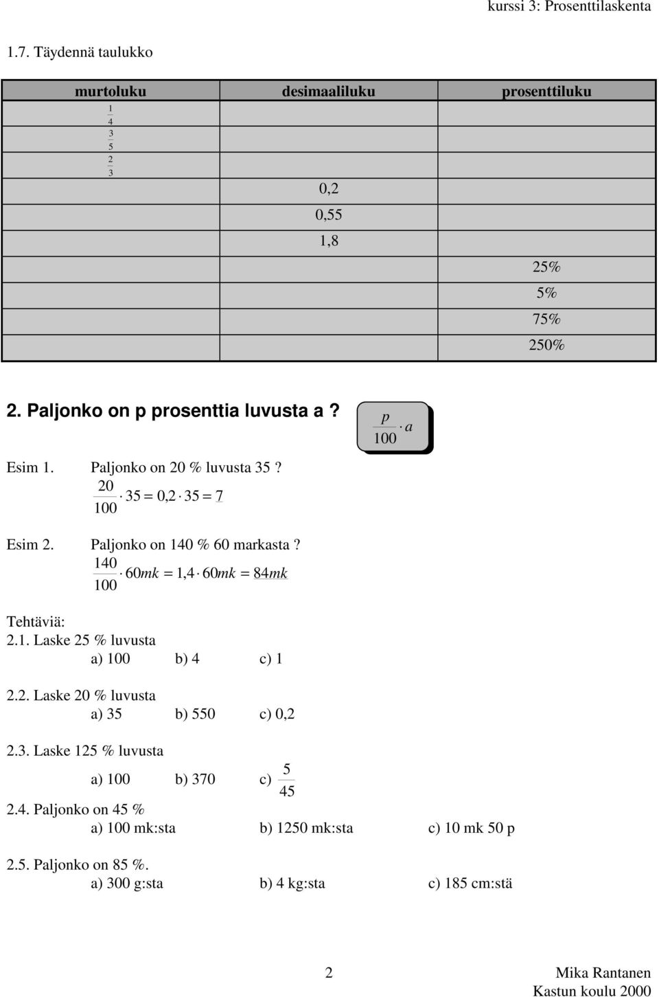 Paljonko on 140 % 60 markasta? 140 60 1 4 60 84 mk =, mk = mk Tehtäviä: 2.1. Laske 25 % luvusta a) b) 4 c) 1 2.2. Laske 20 % luvusta a) 35 b) 550 c) 0,2 2.