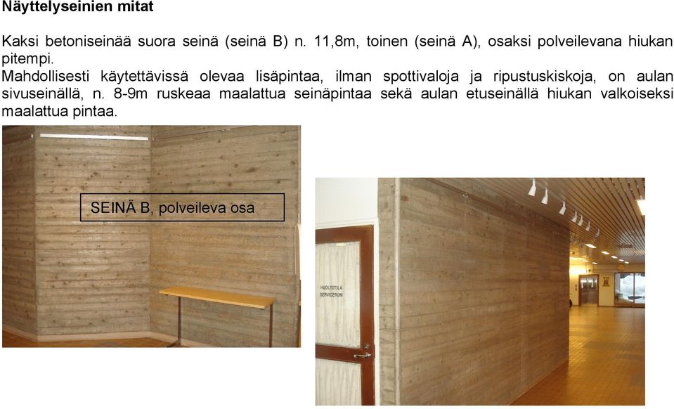 Mahdollisesti käytettävissä olevaa lisäpintaa, ilman spottivaloja ja ripustuskiskoja, on