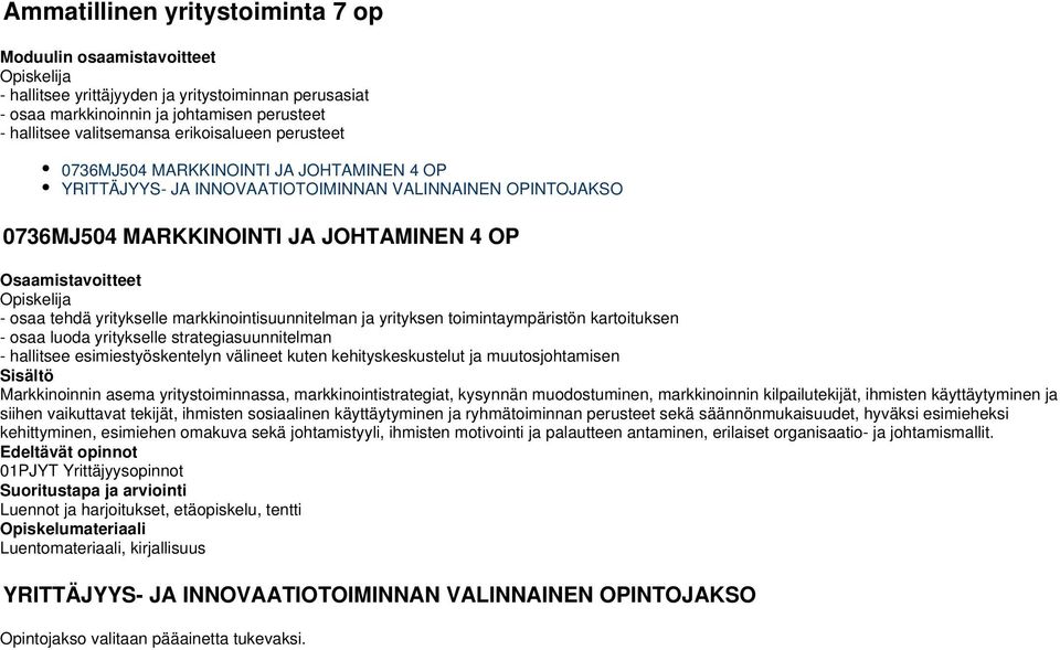 markkinointisuunnitelman ja yrityksen toimintaympäristön kartoituksen - osaa luoda yritykselle strategiasuunnitelman - hallitsee esimiestyöskentelyn välineet kuten kehityskeskustelut ja