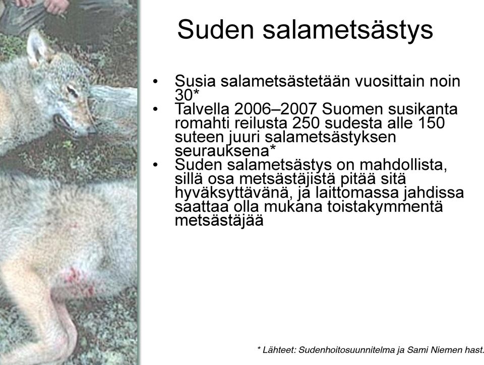 salametsästys on mahdollista, sillä osa metsästäjistä pitää sitä hyväksyttävänä, ja laittomassa