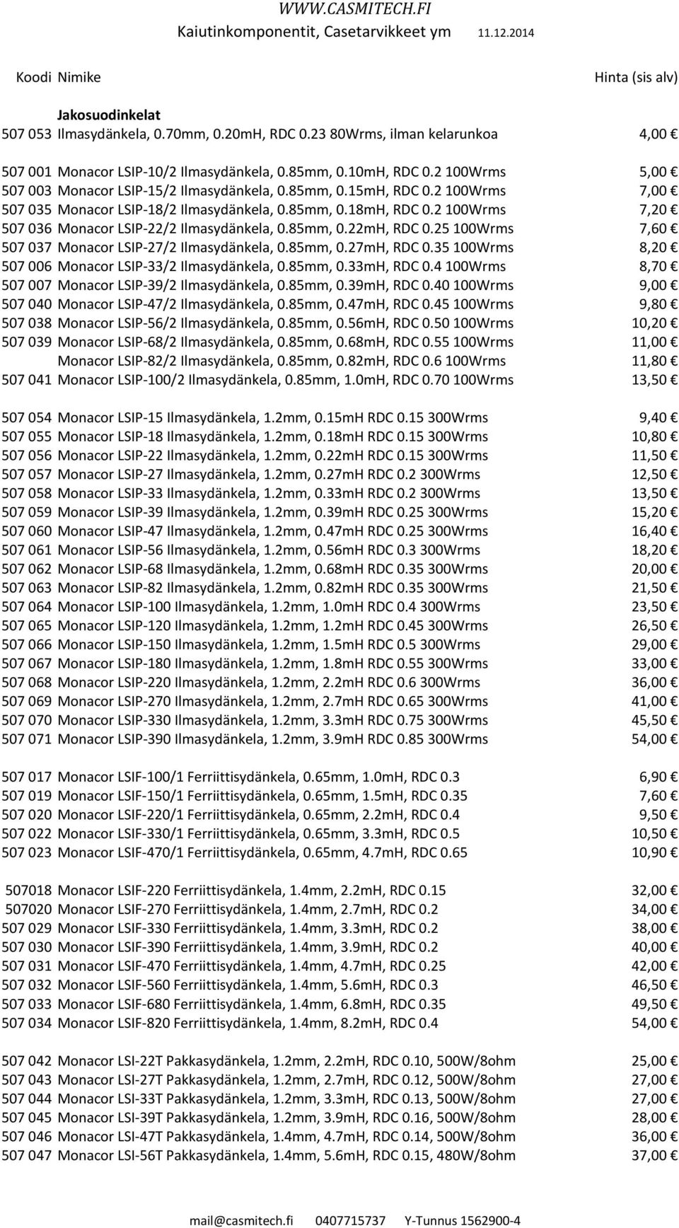 2 100Wrms 7,20 507 036 Monacor LSIP-22/2 Ilmasydänkela, 0.85mm, 0.22mH, RDC 0.25 100Wrms 7,60 507 037 Monacor LSIP-27/2 Ilmasydänkela, 0.85mm, 0.27mH, RDC 0.