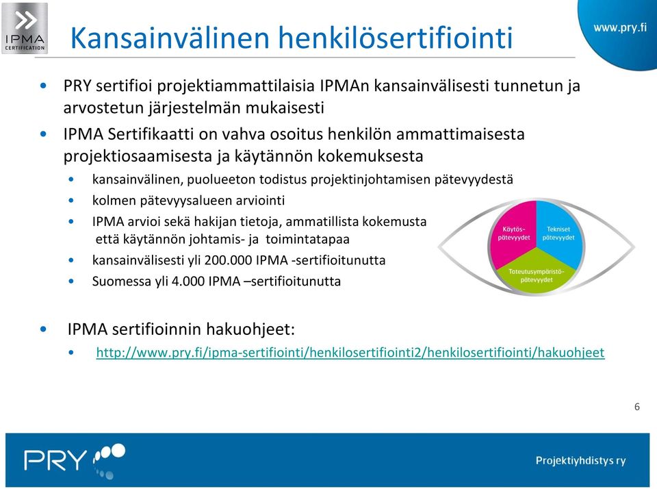 pätevyysalueen arviointi IPMA arvioi sekä hakijan tietoja, ammatillista kokemusta että käytännön johtamis- ja toimintatapaa kansainvälisesti yli 200.