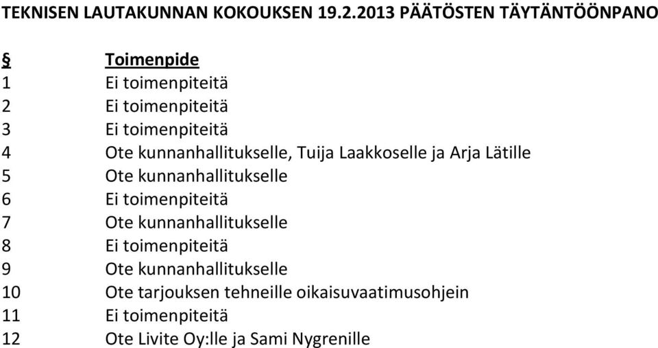 kunnanhallitukselle, Tuija Laakkoselle ja Arja Lätille 5 Ote kunnanhallitukselle 6 Ei toimenpiteitä 7