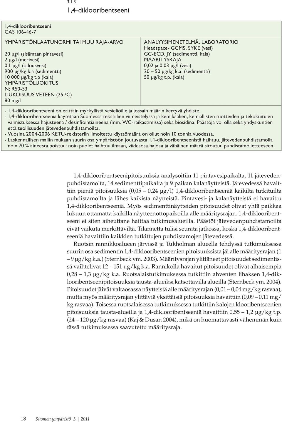 p (kala) YMPÄRISTÖLUOKITUS N; R50-53 LIUKOISUUS VETEEN (25 o C) 80 mg/l ANALYYSIMENETELMÄ, LABORATORIO Headspace- GCMS, SYKE (vesi) GC-ECD, JY (sedimentti, kala) MÄÄRITYSRAJA 0,02 ja 0,03 µg/l (vesi)