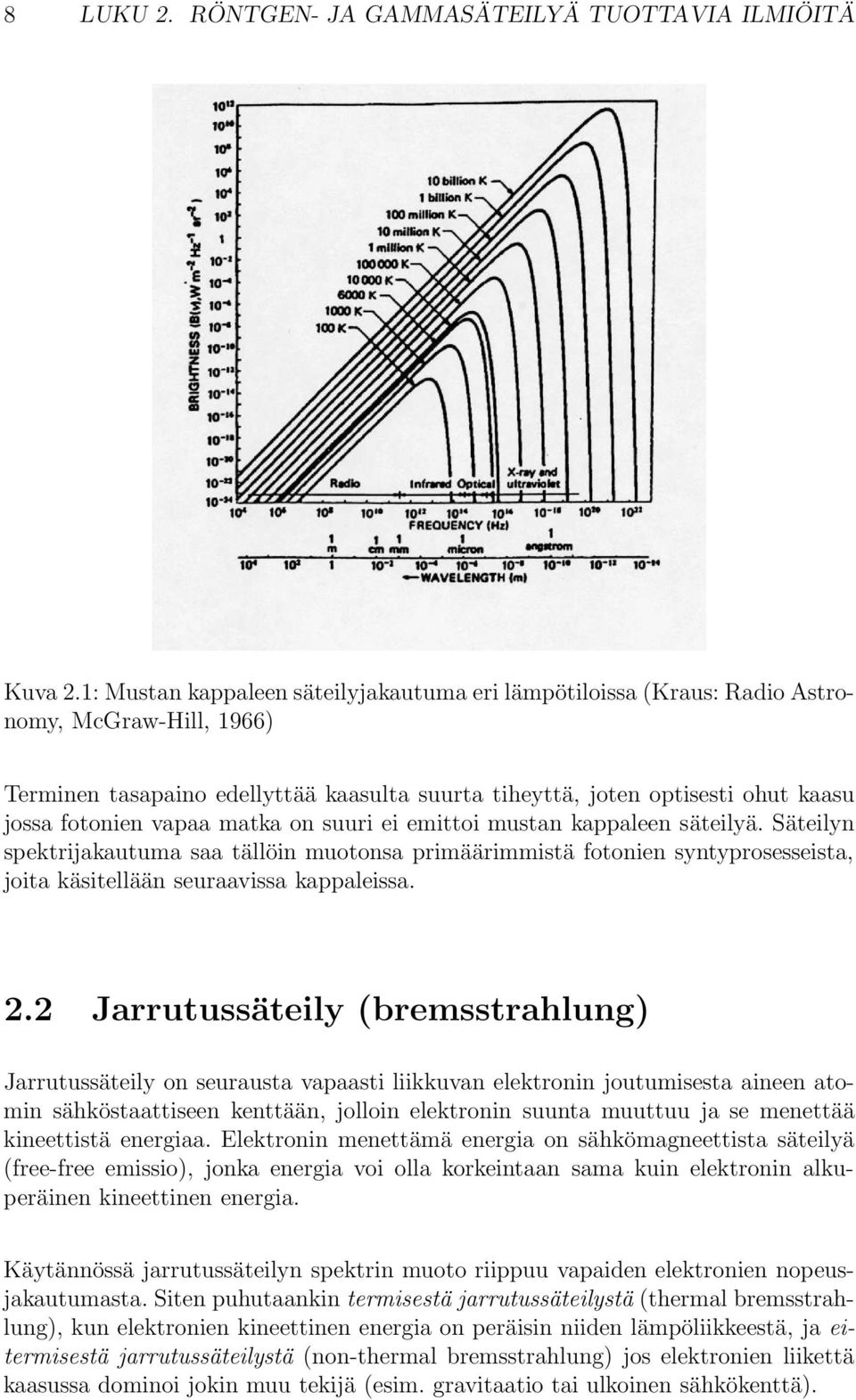 vapaa matka on suuri ei emittoi mustan kappaleen säteilyä. Säteilyn spektrijakautuma saa tällöin muotonsa primäärimmistä fotonien syntyprosesseista, joita käsitellään seuraavissa kappaleissa. 2.