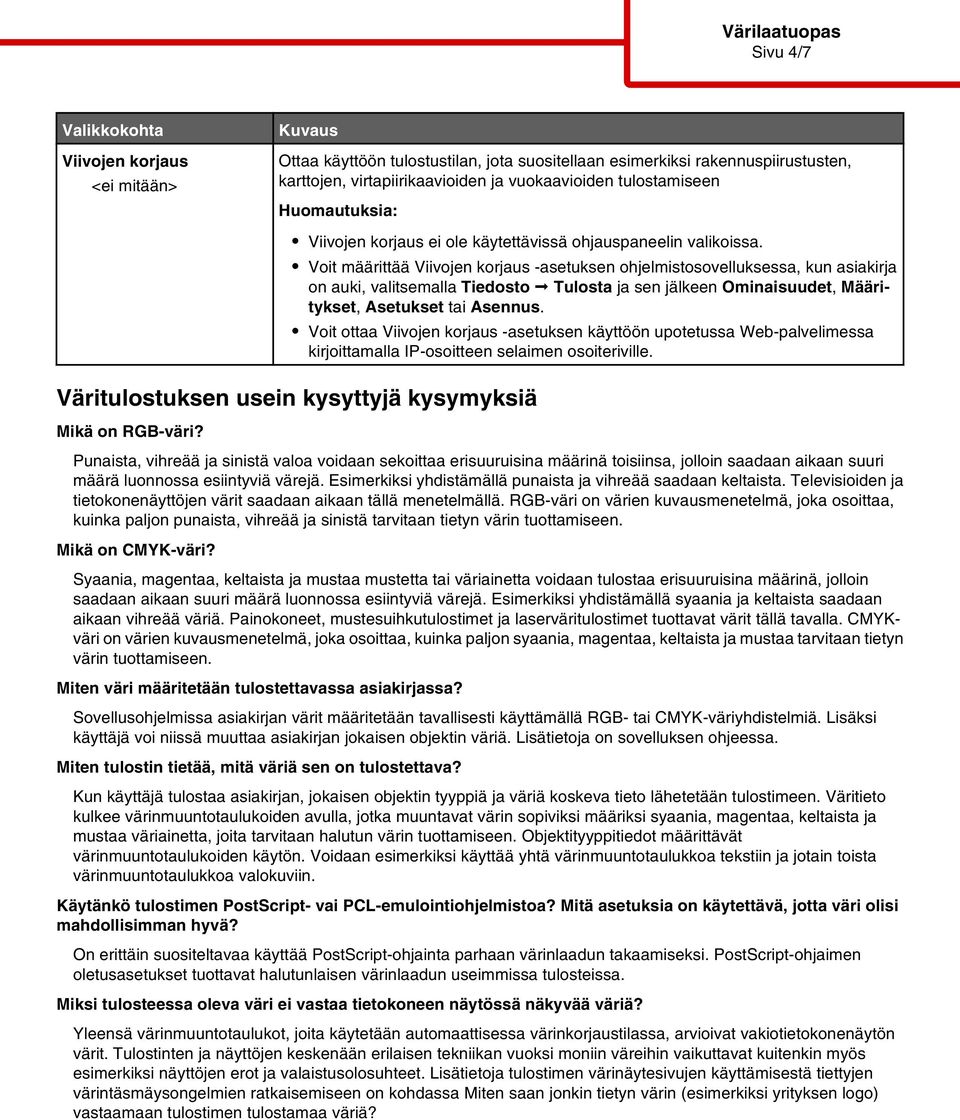 Voit määrittää Viivojen korjaus -asetuksen ohjelmistosovelluksessa, kun asiakirja on auki, valitsemalla Tiedosto Tulosta ja sen jälkeen Ominaisuudet, Määritykset, Asetukset tai Asennus.