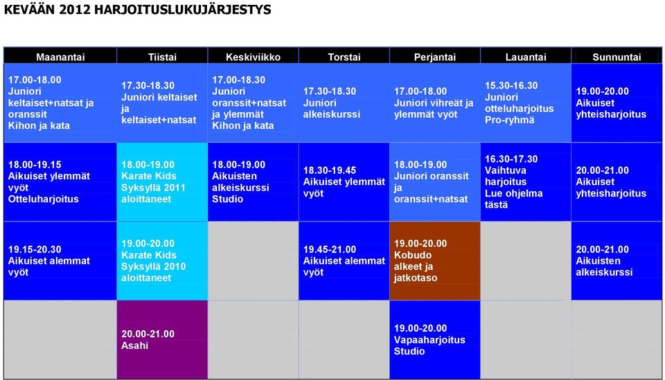 30 otteluharjoitus Pro-ryhmä Aikuiset yhteisharjoitus 18.00-19.15 Aikuiset ylemmät Otteluharjoitus 18.00-19.00 Karate Kids Syksyllä 2011 aloittaneet 18.00-19.00 Aikuisten alkeiskurssi Studio 18.30-19.